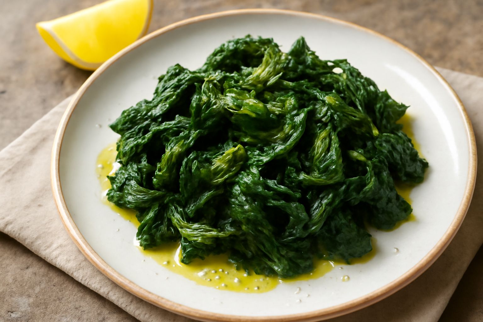 Piatto di porcellana bianca con salata di ortiche lessate di colore verde brillante, condite con fili di olio dorato, bucce di limone giallo e granelli di sale marino visibili sulla superficie