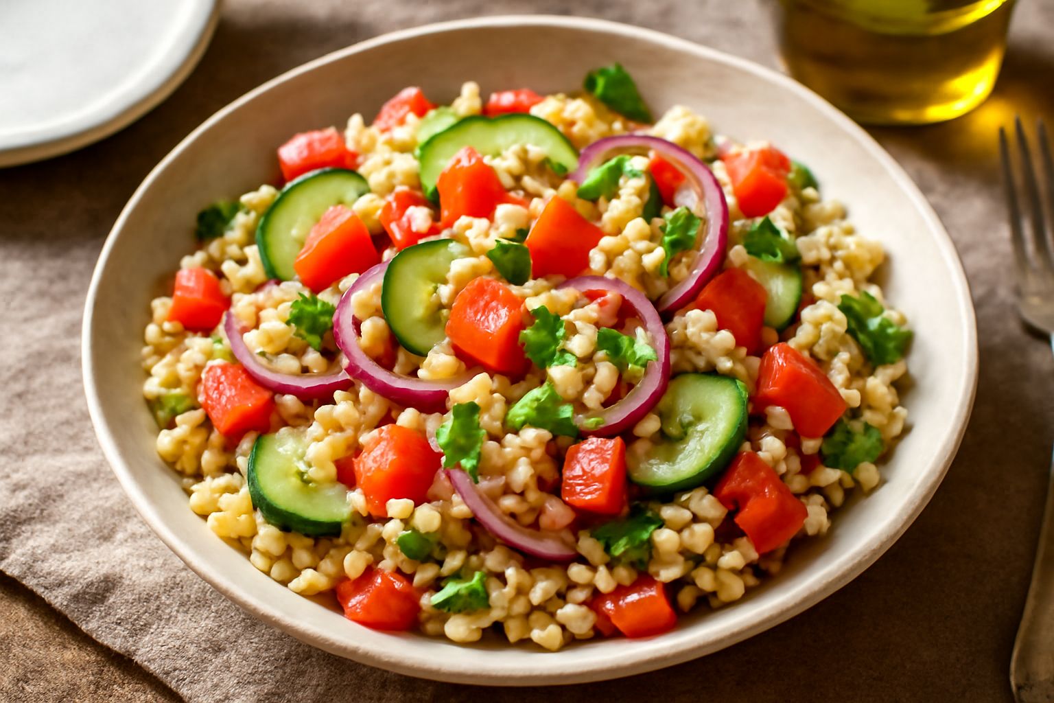 Insalata di orzo in ciotola di ceramica bianca, con chicchi di orzo beige dorati, cubetti di pomodoro rosso, cetriolo verde a fette, cipolla rossa sottile, prezzemolo fresco verde, condita con olio d'