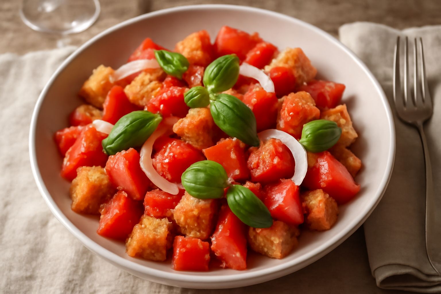 Insalata di pane in ciotola di ceramica bianca: cubetti di pane tostato ocra, pomodori rossi tagliati, cipolla trasparente, basilico verde, il tutto bagnato da olio dorato che brilla sulla superficie