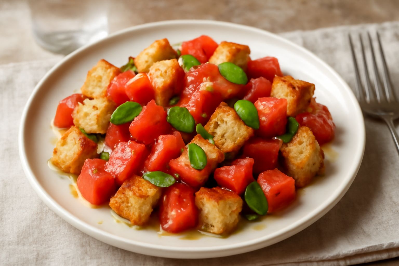 Insalata di pane e pomodori in una ciotola bianca: pezzi di pane marrone e dorato mescolati con dadini di pomodoro rosso vivo, foglie di basilico verde, lucida di olio d'oliva, servita su un piatto di