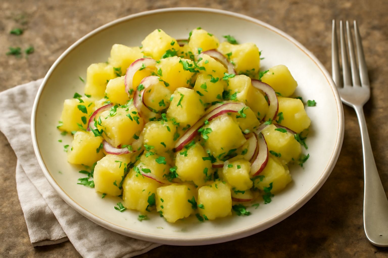 Insalata di patate tiepida in un piatto bianco: cubetti di patate gialle e morbidi, cipolla rossa affettata finissima, erba cipollina fresca verde, condimento lucido di olio, con fondo di legno natura