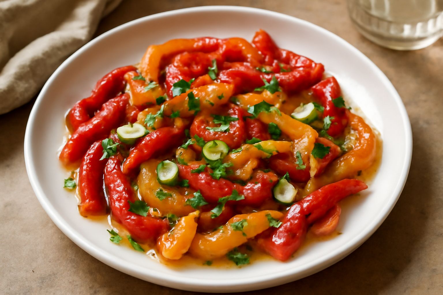 Salata di peperoni arrostiti servita in un piatto bianco: strisce di peperoni rossi, gialli e arancioni brillanti, aglio sottile sparso sopra, prezzemolo verde, condimento lucido di olio, impiattament