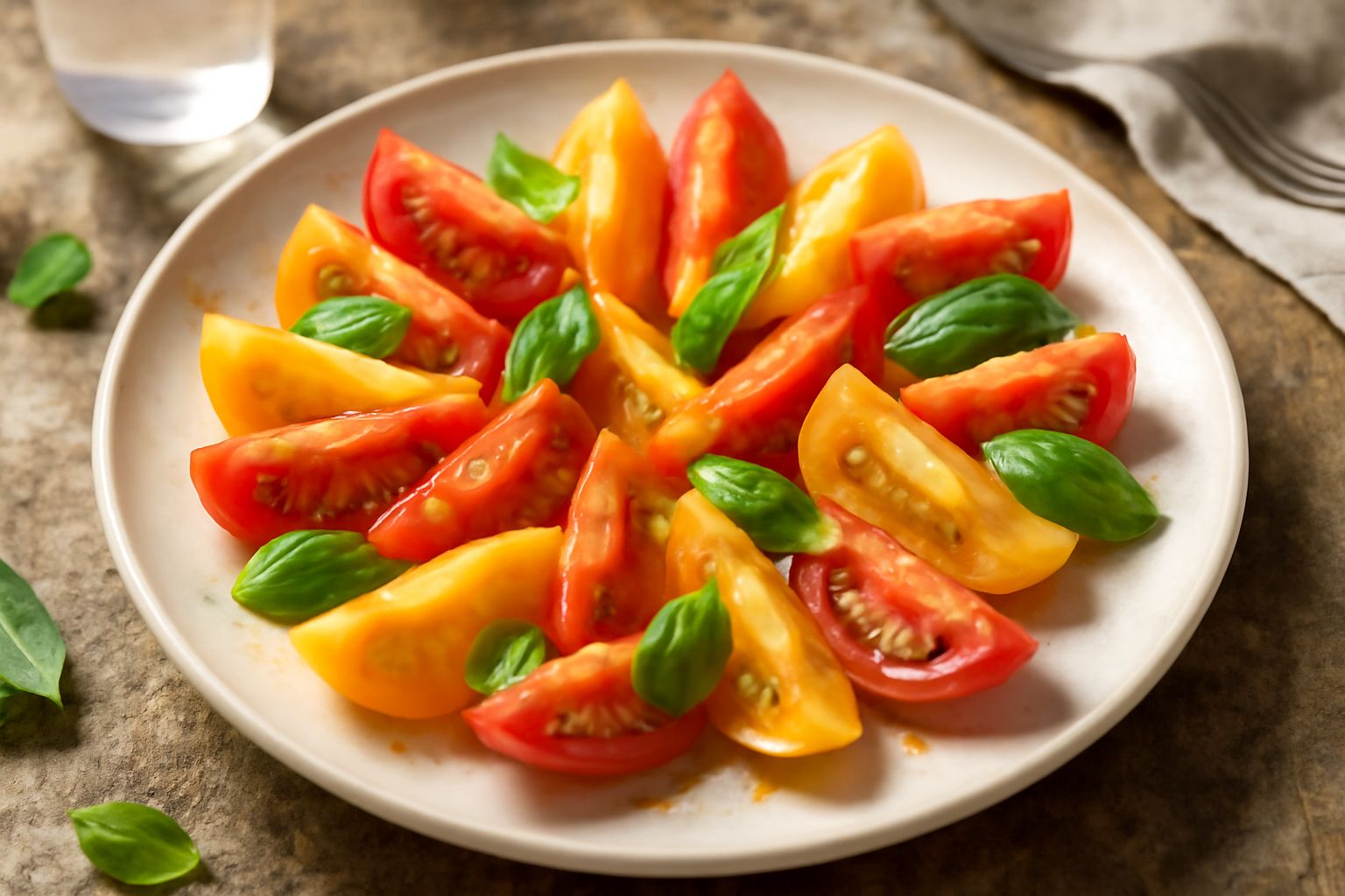 Insalata di pomodori rossi e gialli tagliati a spicchi in un piatto bianco, con foglie di basilico verde e gocce di olio di oliva, su sfondo bianco