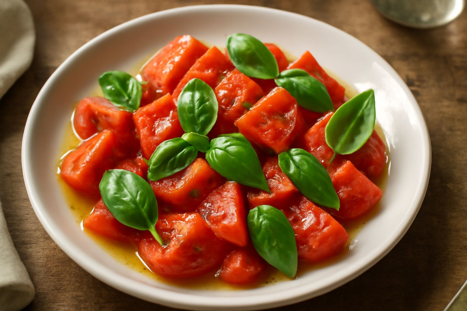 Piatto bianco con insalata di pomodori rossi tagliati a pezzi, foglie di basilico fresco verde, condita con olio dorato, bordo del piatto visibile con l'insalata disposta in modo naturale