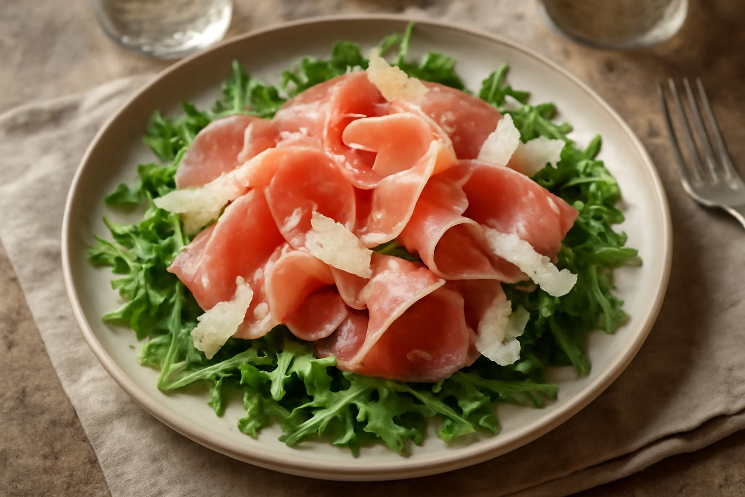 Piatto bianco con foglie di rucola verde scuro, fette di prosciutto crudo color rosa pallido piegate, scaglie di parmigiano e gocce d'olio verde, con un limone dimezzato accanto