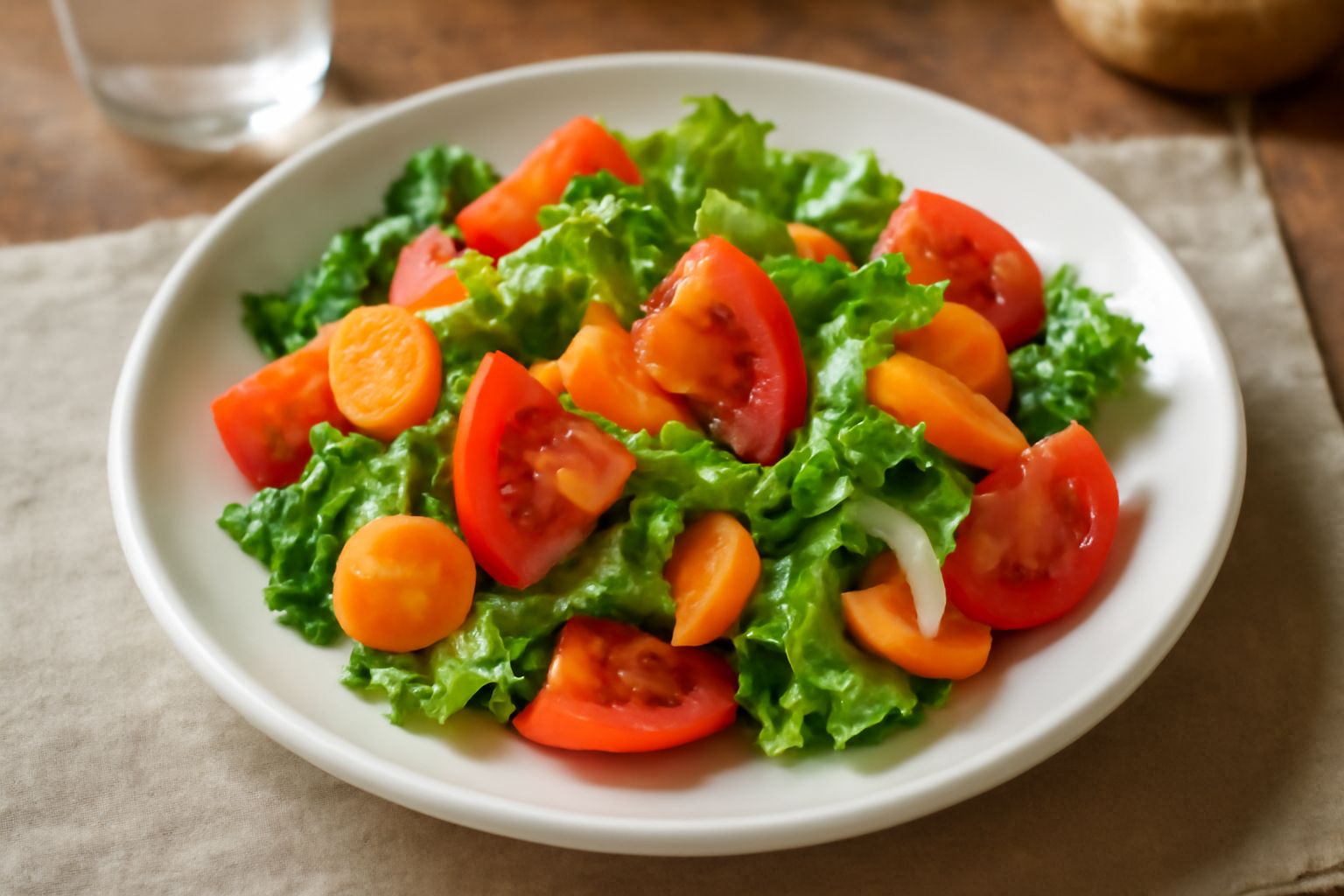 Insalata mista di verdure crude in una ciotola bianca: foglie verdi di insalata, pomodori rossi a fette, cetrioli grigi, carote arancioni tagliate a bastoncini, cipolla bianca sottile, condimento dora
