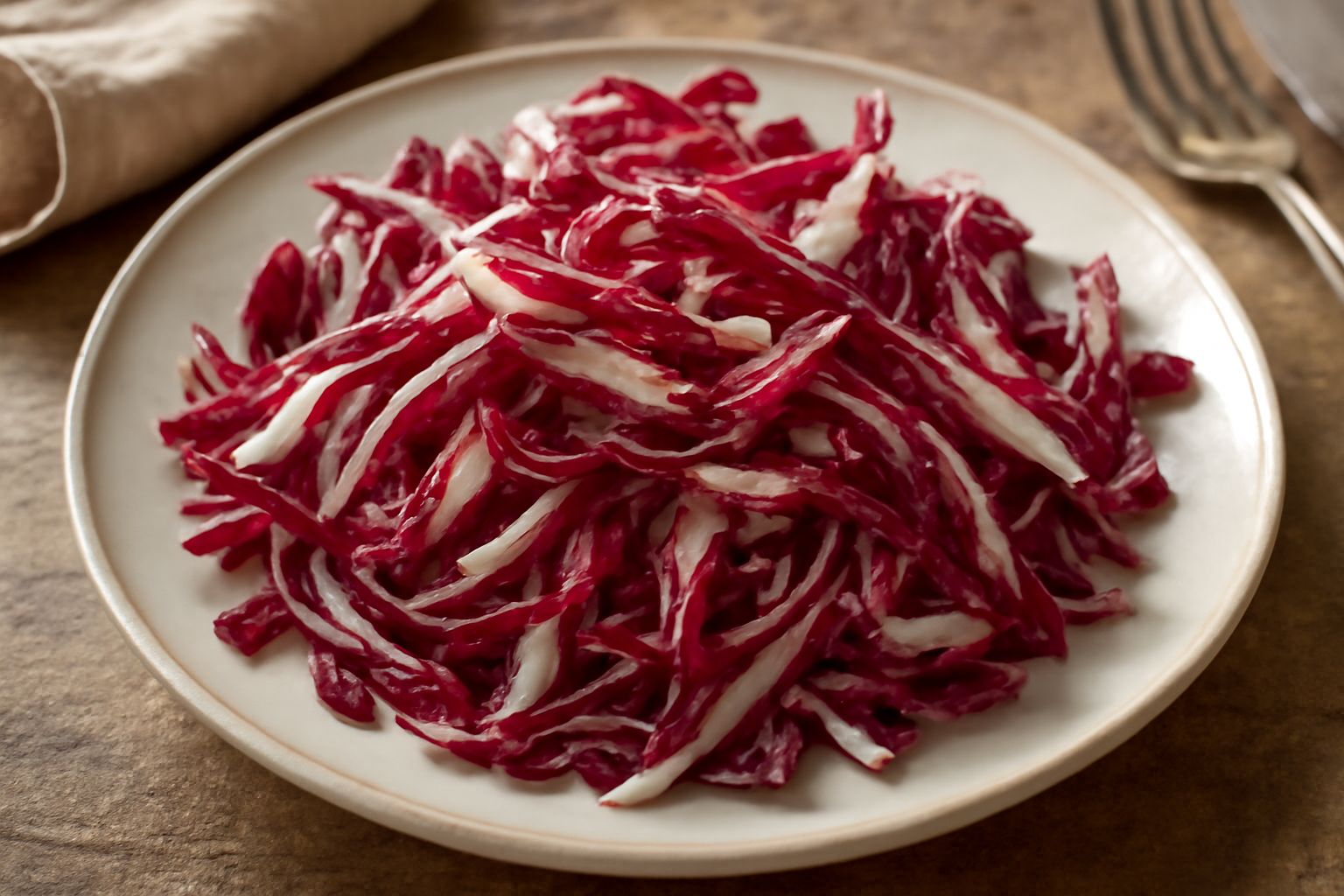 Insalata di radicchio rosso tagliato finemente, disposto in un piatto bianco, con foglie croccanti e lucide condite di olio, aceto e sale grosso sparso in superficie