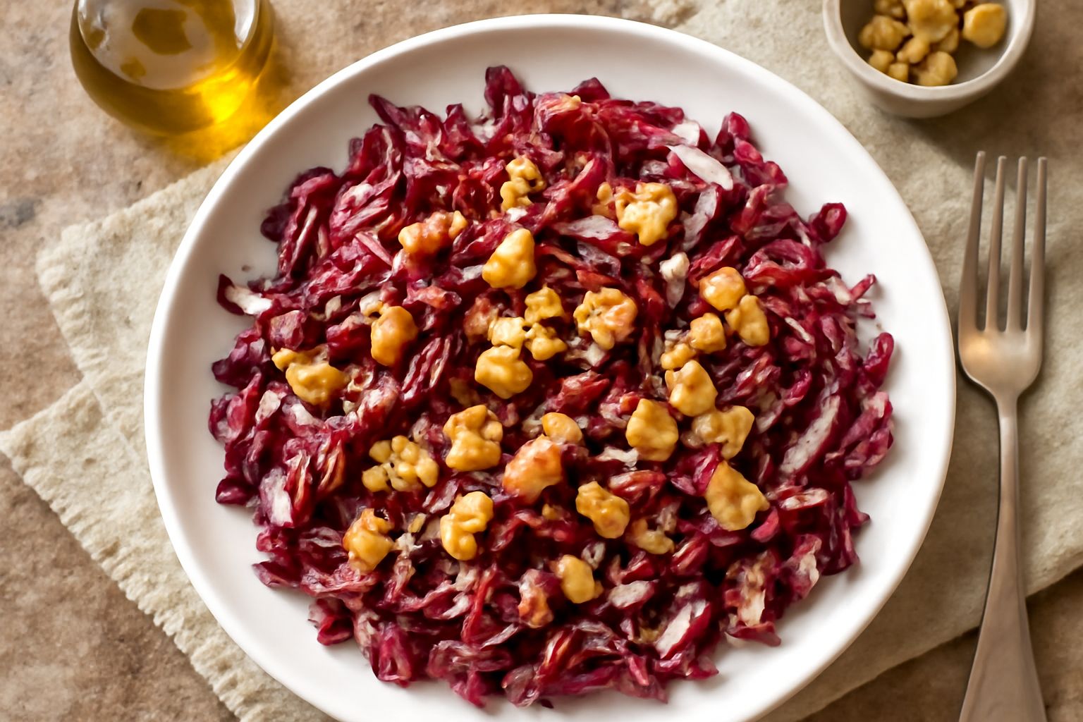 Insalata in ciotola bianca con radicchio rosso scuro tagliato a striscioline, noci spezzettate color nocciola, olio che luccica sulla superficie, leggero filo di aceto balsamico