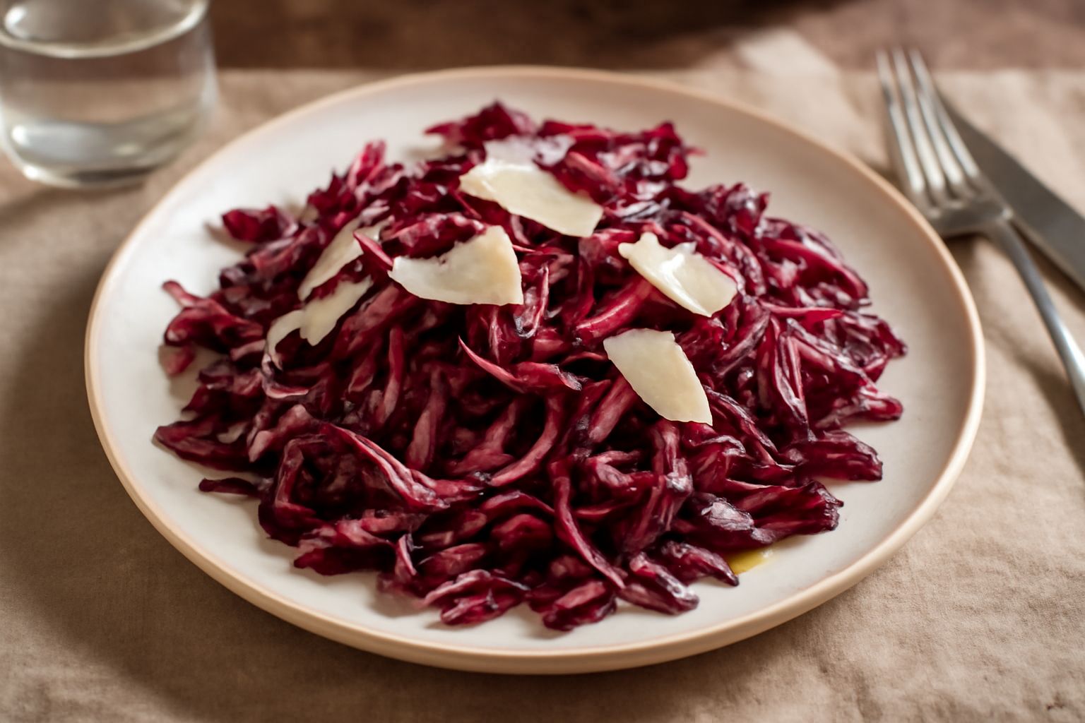 Insalata di radicchio rosso in una ciotola di vetro: fette sottilissime viola scuro con riflessi bordò, brillanti di olio d'oliva, con scaglie di parmigiano reggiano grigio dorate sparse in superficie