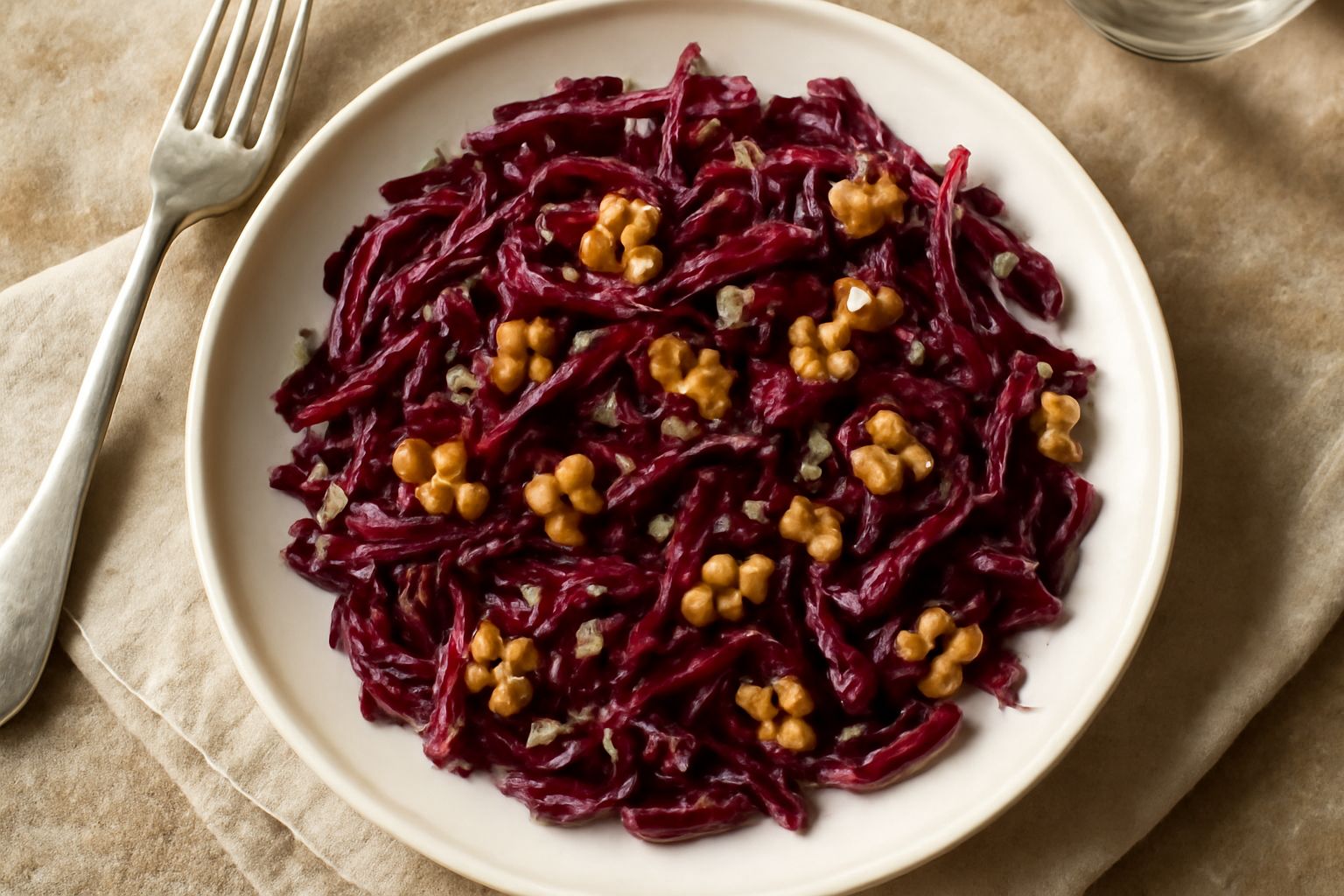 Ciotola bianca con radicchio rosso tagliato a striscioline sottili, noci spezzettate leggermente tostate, condito con olio d'oliva e granelli di sale grosso, foglie di radicchio intere ai lati