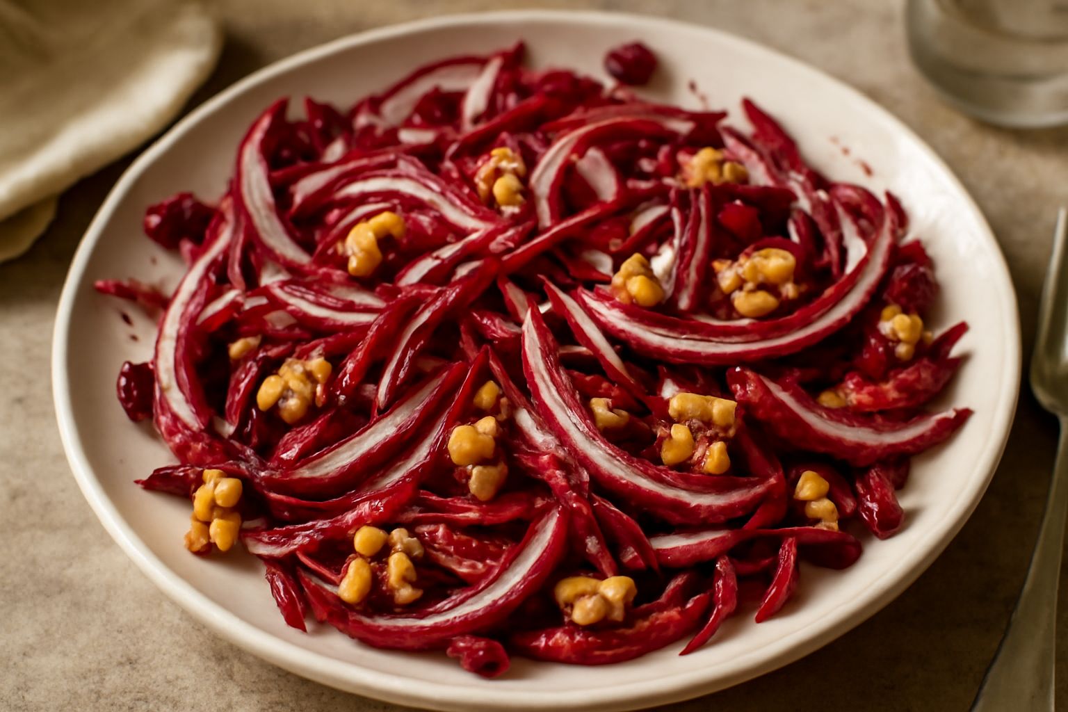 Insalata di radicchio tardivo servita in ciotola bianca, foglie rosso scuro e bianche leggermente ondulate, con gocce d'olio lucido sulla superficie, noci tostate sparse in superficie, fondo di tavolo