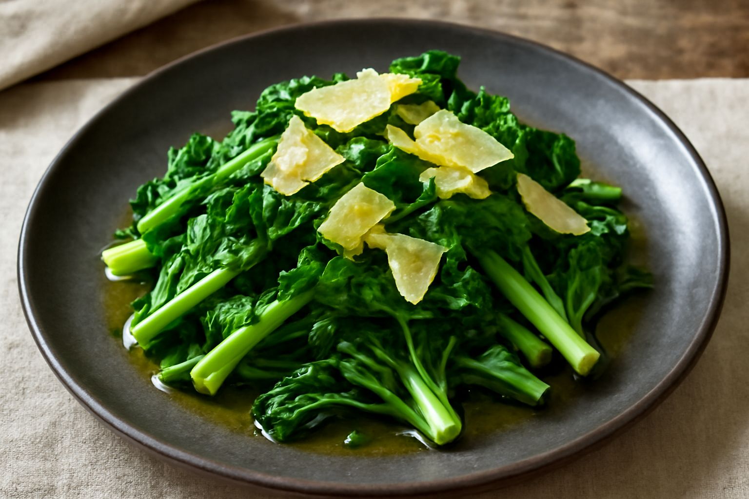 Piatto bianco con salata di rapa verde e croccante, scaglie di grana padano bianco-giallastro sparse in superficie, condimento con olio d'oliva lucido, servita come contorno elegante
