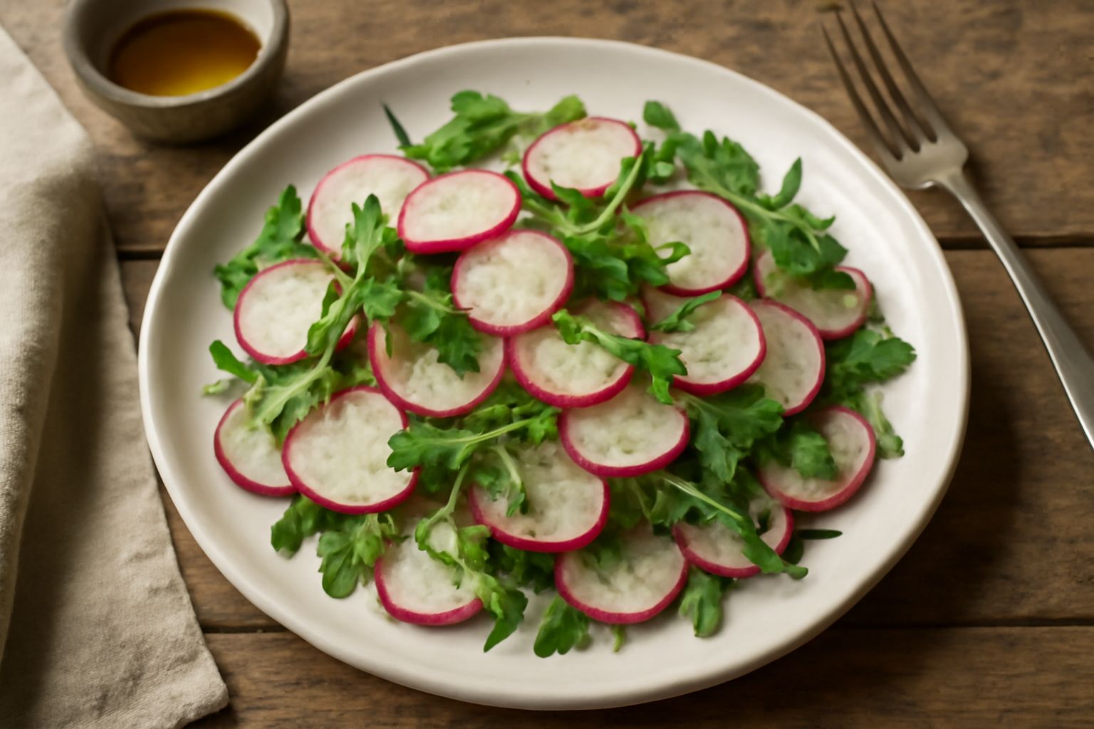 Insalata di ravanelli in una ciotola bianca con fettine sottili di ravanello rosso brillante, rucola verde, gocce di olio d'oliva e cristalli di sale grosso