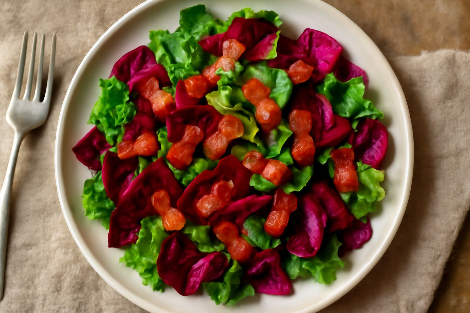 Piatto bianco con insalata mista verde e rossa, pancetta dorata e croccante sparsa in superficie, condimento brillante distribuito uniformemente