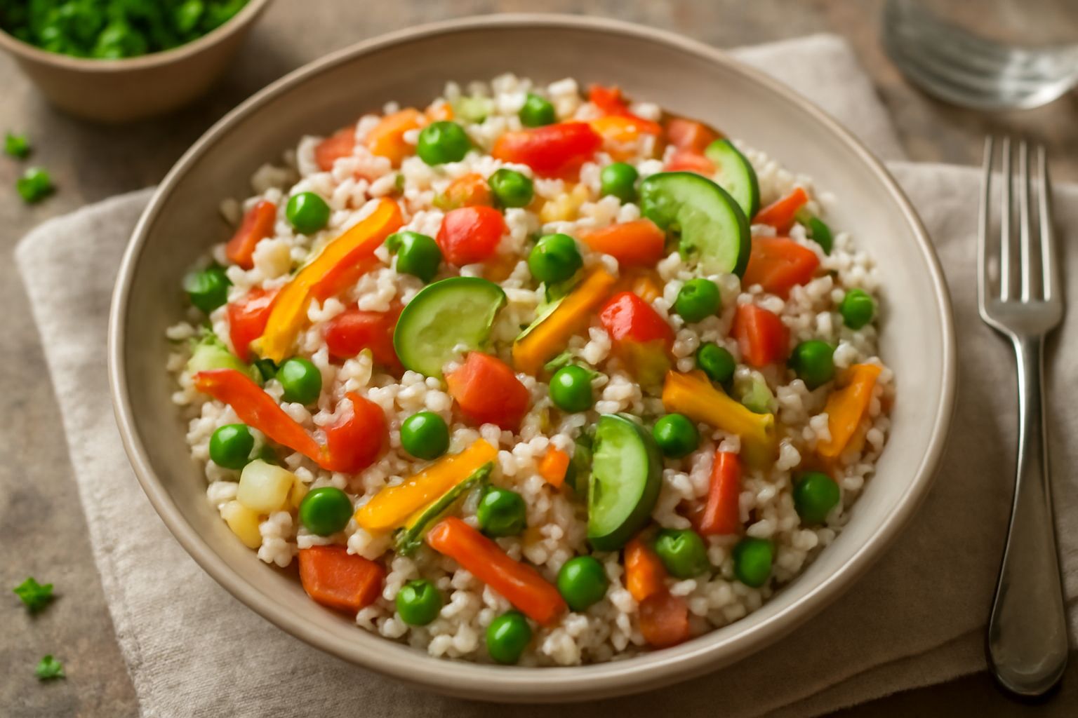Insalata di riso bianco misto a verdure rosse, gialle e verdi in una ciotola trasparente; carote tagliate a bastoncini, peperoni rossi, pomodori, zucchine e prezzemolo fresco visibili in superficie, o