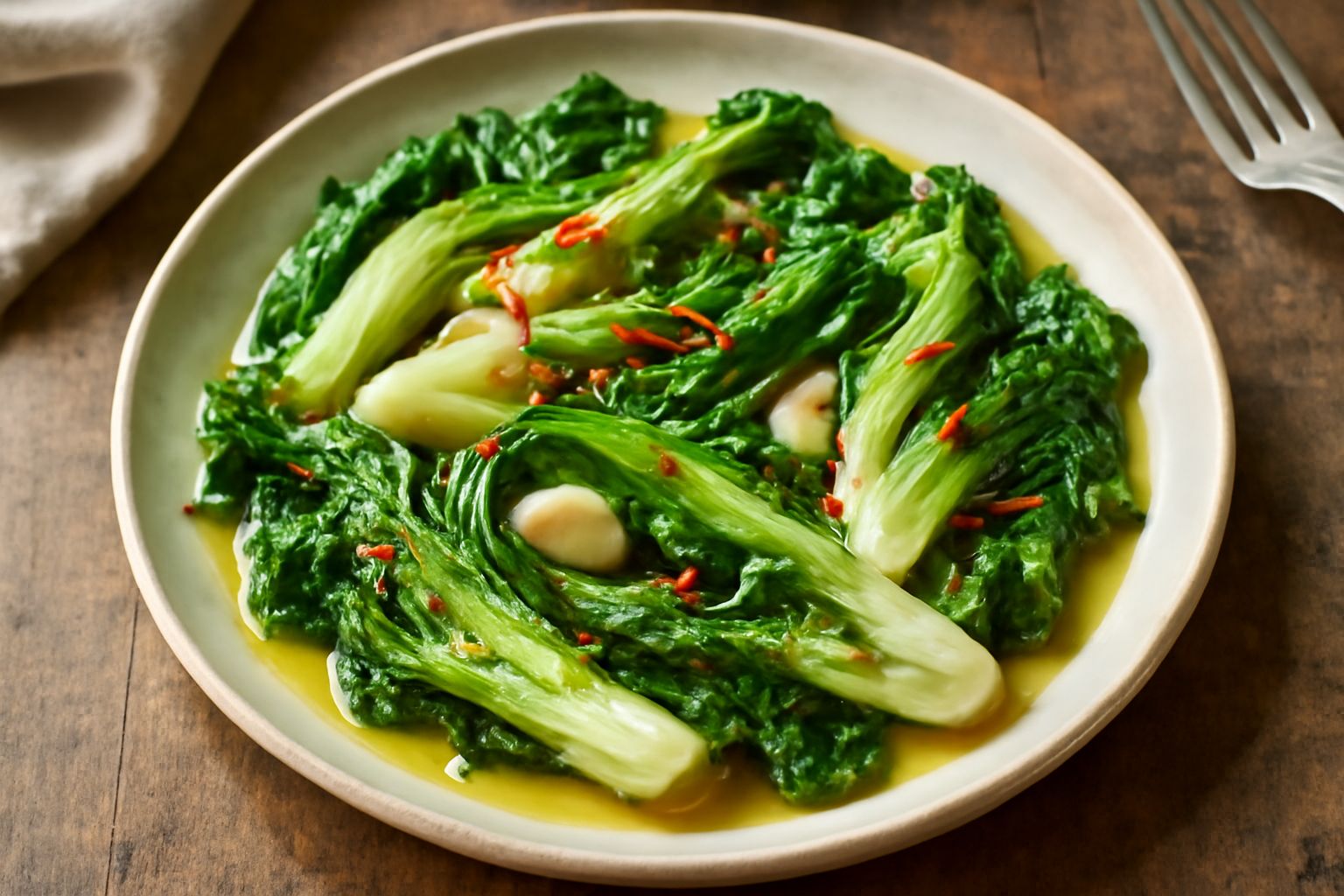 Piatto bianco con scarola bollita croccante di colore verde chiaro, condita con olio dorato e spicchi di aglio appena visibili, peperoncino rosso sparso in superficie