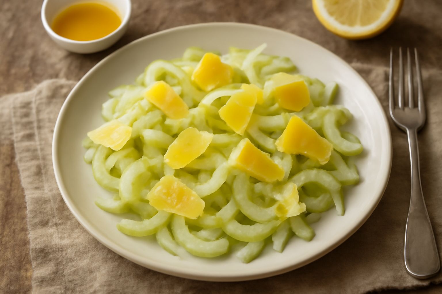 Insalata in ciotola bianca: sedano affettato sottile color bianco crema, formaggio in scaglie gialle, olio e limone brillano sulla superficie, foglie di sedano verde chiaro a contorno