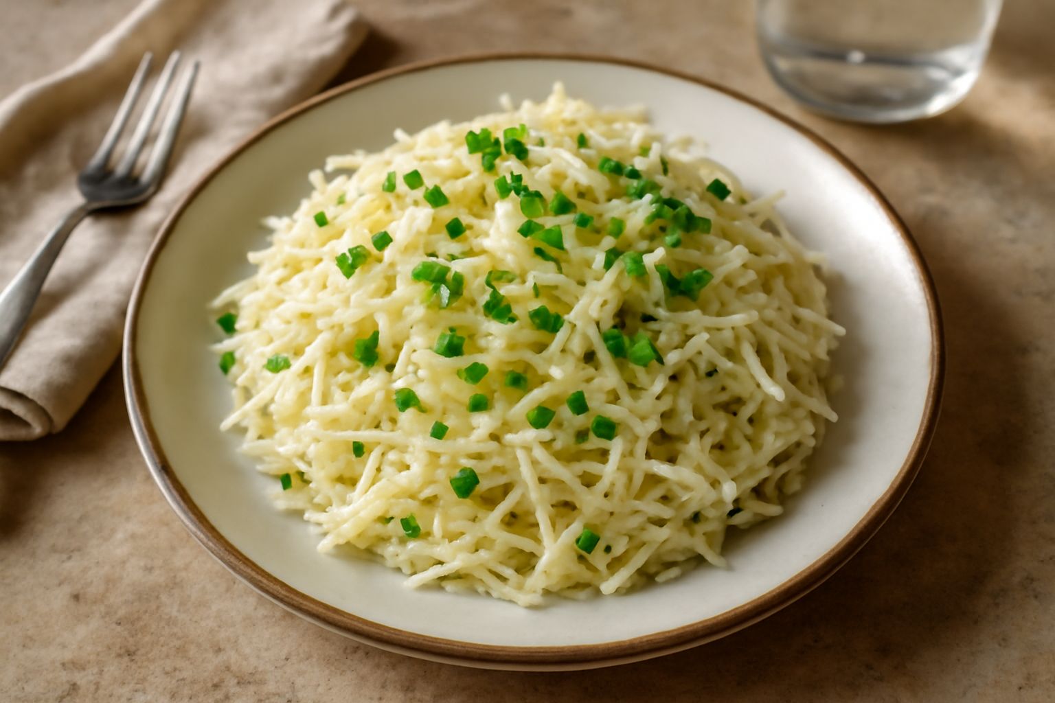 Insalata di sedano rapa grattugiato a filamenti sottili, bianco e beige nel piatto bianco, condita con olio e limone, con prezzemolo verde sparso in superficie