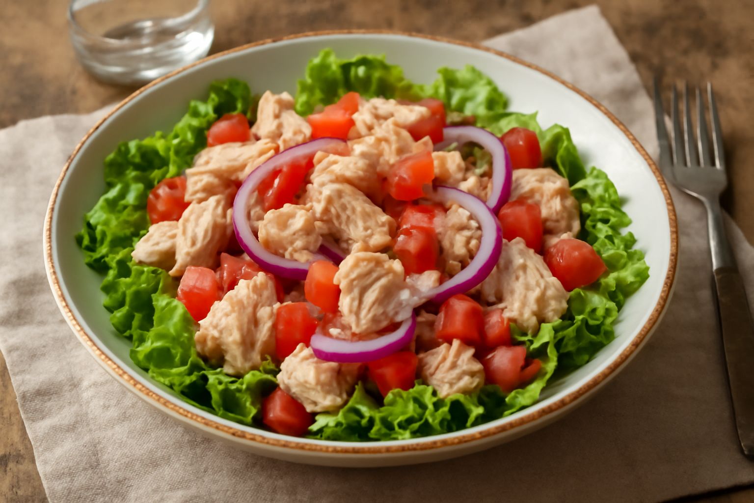 Insalata di tonno in ciotola bianca: tonno bianco sbriciolato, pomodori rossi a dadini, cetrioli verdi affettati sottili, cipolla rossa, olive nere tagliate, decorata con prezzemolo fresco e accompagn