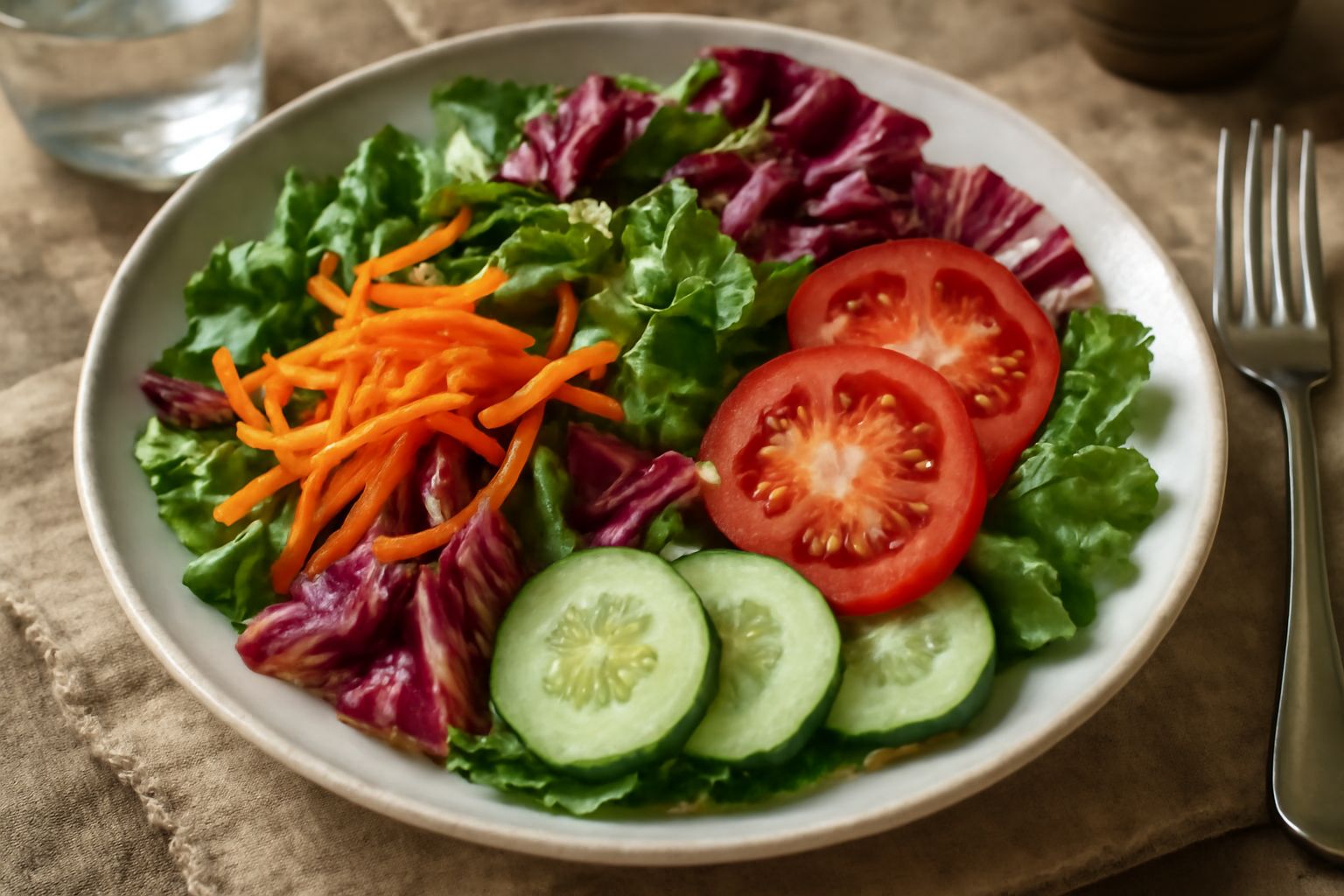 Insalata colorata in una ciotola bianca con lattuga verde chiaro, pomodori rossi, carote tagliate a julienne arancioni, cetrioli verdi affettati e cipolla rossa, condita con olio d'oliva e foglie di p