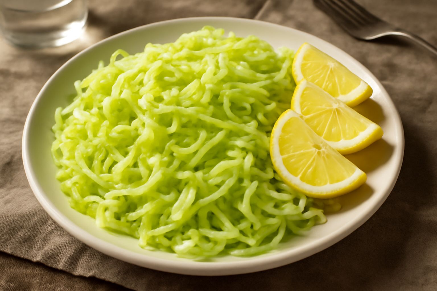 Insalata di verza in una ciotola bianca, cavolo verde pallido tagliato a strisce sottili, lucido di olio, con fettine di limone giallo accanto e grani di sale grosso sparsi sulla superficie