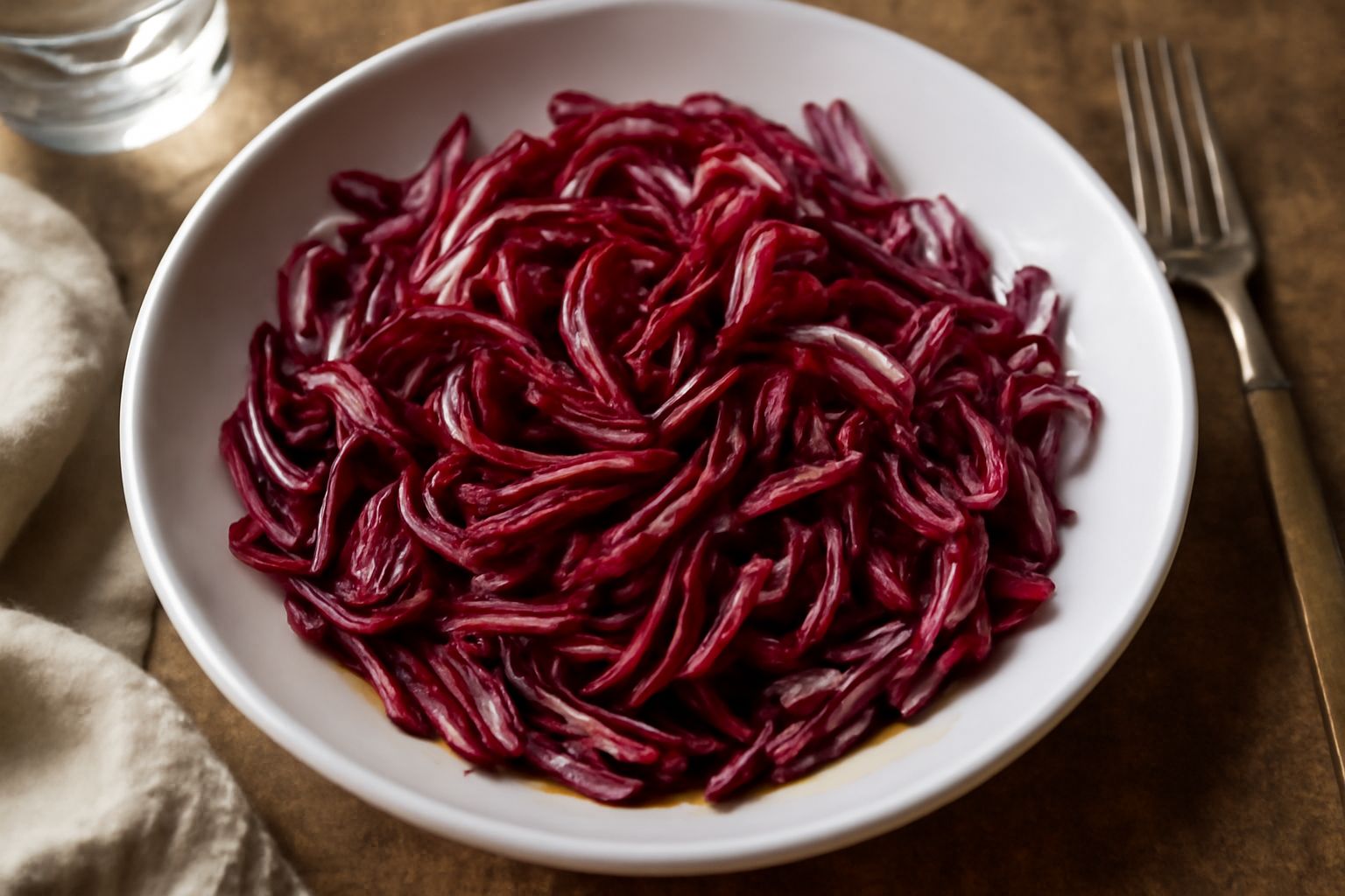 Insalata di radicchio rosso a foglie sottili tagliate a strisce, disposta in un piatto bianco, condita con olio d'oliva brillante e gocce di aceto balsamico scuro, con cristalli di sale marino visibil