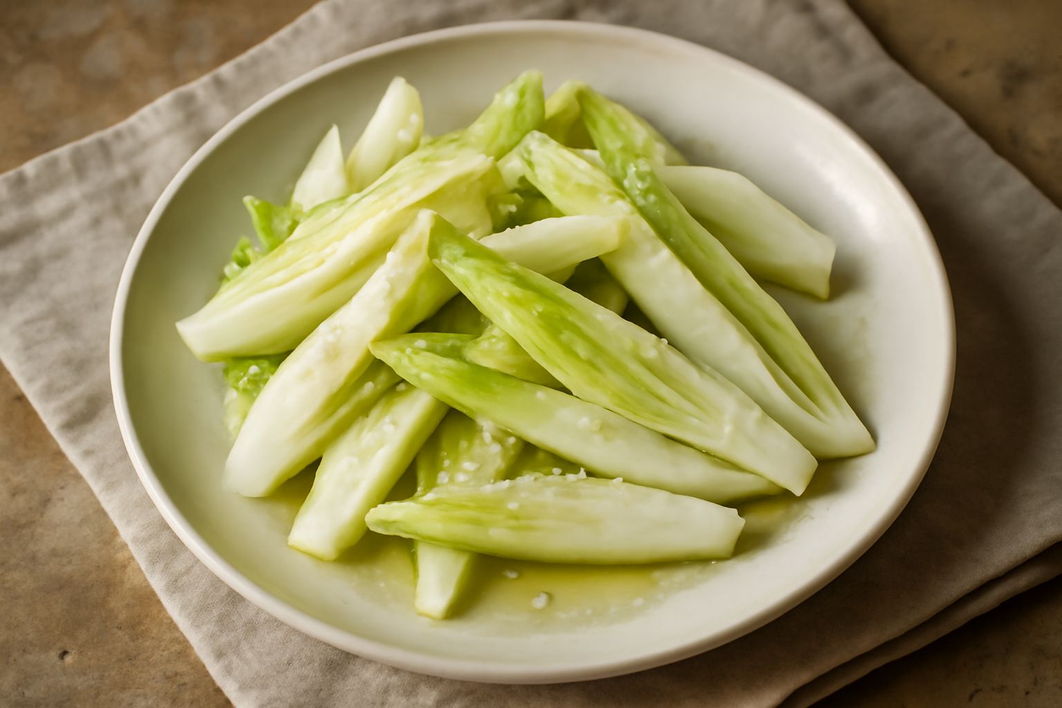 Indivia intera bianca e verde cruda in un piatto bianco, con fette di limone giallo, olio d'oliva in un cucchiaio argentato e cristalli di sale marino grosso sparsi intorno