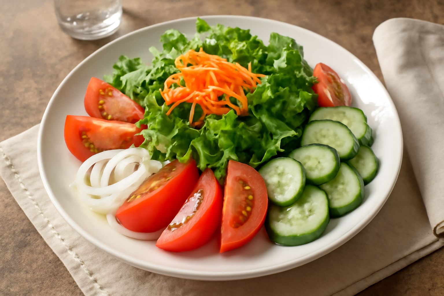 Insalata mista abbondante in un piatto bianco con lattuga, rucola, pomodori rossi, carote arancioni, cetrioli verdi, cipolla rossa e basilico fresco, condita con olio d'oliva lucente