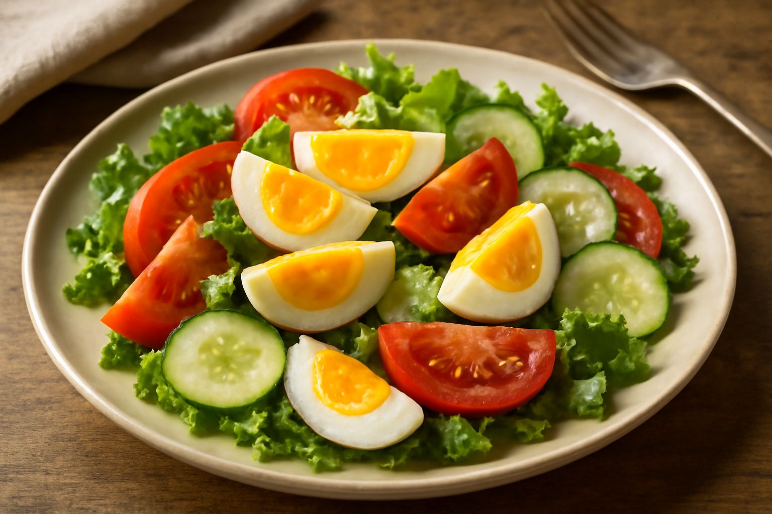 Piatto bianco con insalata mista di verdure crude, spicchi di uova sode gialle e bianche, pomodori rossi, cetrioli verdi fettati sottili, condita con olio e aceto, guarnita con foglie di prezzemolo fr