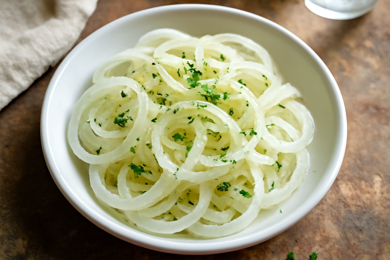 Cipolle rosse tagliate a fette sottili, bianche e trasparenti, raccolte in una ciotola di ceramica bianca con gocce di aceto e olio lucente, guarnite da un filo di prezzemolo fresco