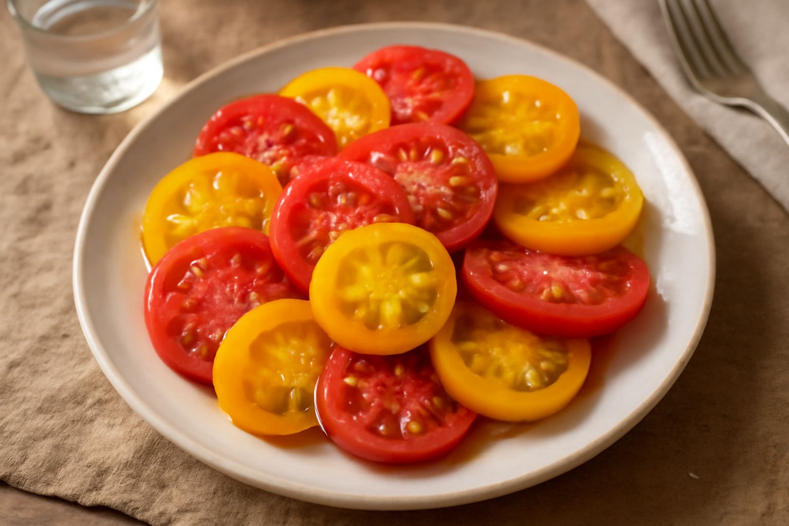 Insalata di pomodori rossi e gialli tagliati a fette su un piatto bianco, con gocce d'olio d'oliva, foglie di basilico fresco verde e sale grosso sparso in superficie