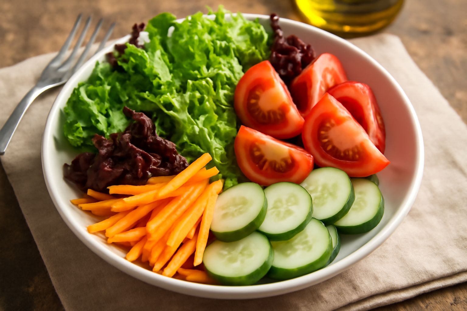 Insalatiera con salata mista: foglie di lattuga verde e rossa, fette di pomodoro rosso, rondelle di cetriolo bianco e bastoncini di carota arancione, condita con olio e aceto, su tavolo di legno chiar