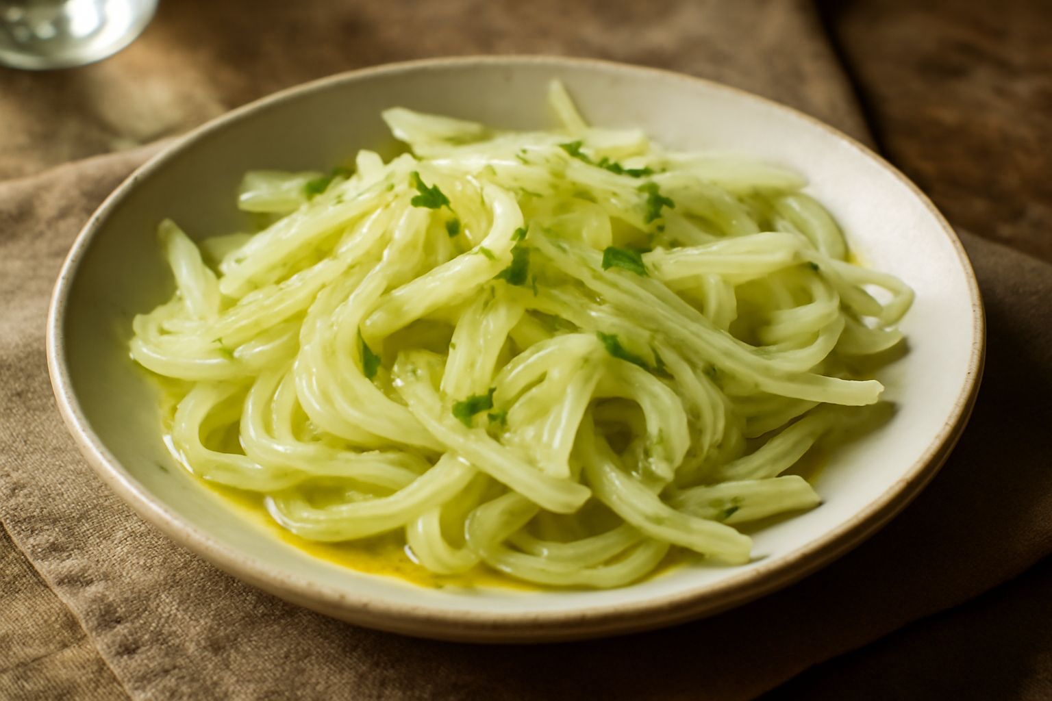 Insalata di finocchi selvatici tagliati finemente in bianco e verde pallido, condita con olio d'oliva trasparente e scaglie di sale, in ciotola di ceramica bianca su tavolo di legno chiaro