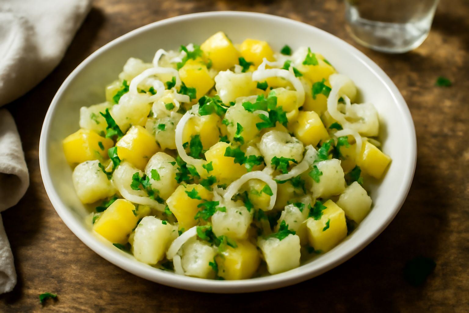 Insalatiera con cubetti di patate giallo-bianche, cipolla trasparente, prezzemolo verde, condimento lucido color ambra, servita in piatto bianco su tavolo di legno