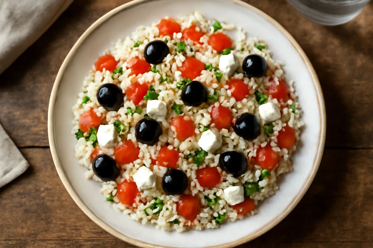 Insalata di riso in ciotola bianca con chicchi di riso bianchi, cubetti di pomodoro rossi, dadi di mozzarella bianchi, olive nere affettate, prezzemolo verde sparso, condita con olio d'oliva dorato, s