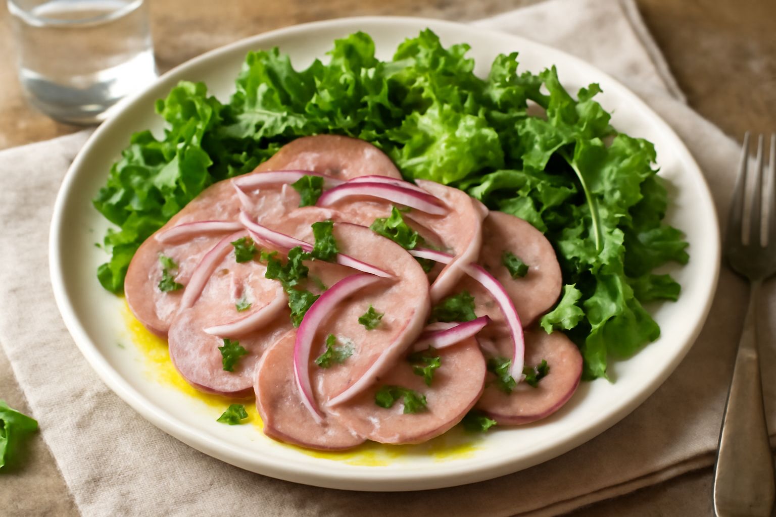Piatto bianco con fette sottili di lingua di manzo tiepida, condite con olio d'oliva brillante, cipolla rossa affettata sottile, prezzemolo verde e un filo di aceto balsamico; contorno di insalata mis