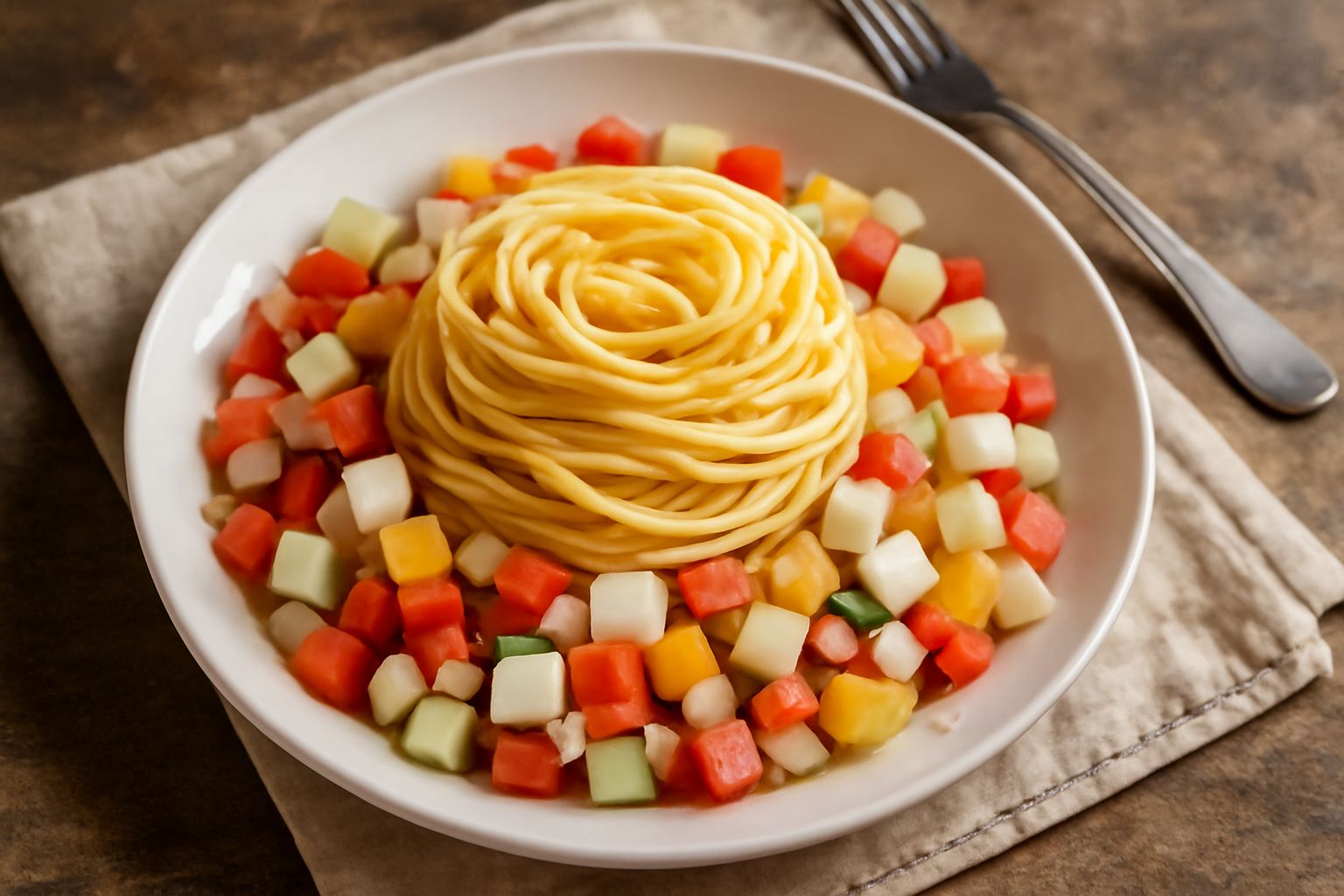 Insalata di pasta in piatto bianco con pomodori rossi, cetrioli verdi, cubetti di formaggio bianco, pasta gialla e verdure miste, condita con olio