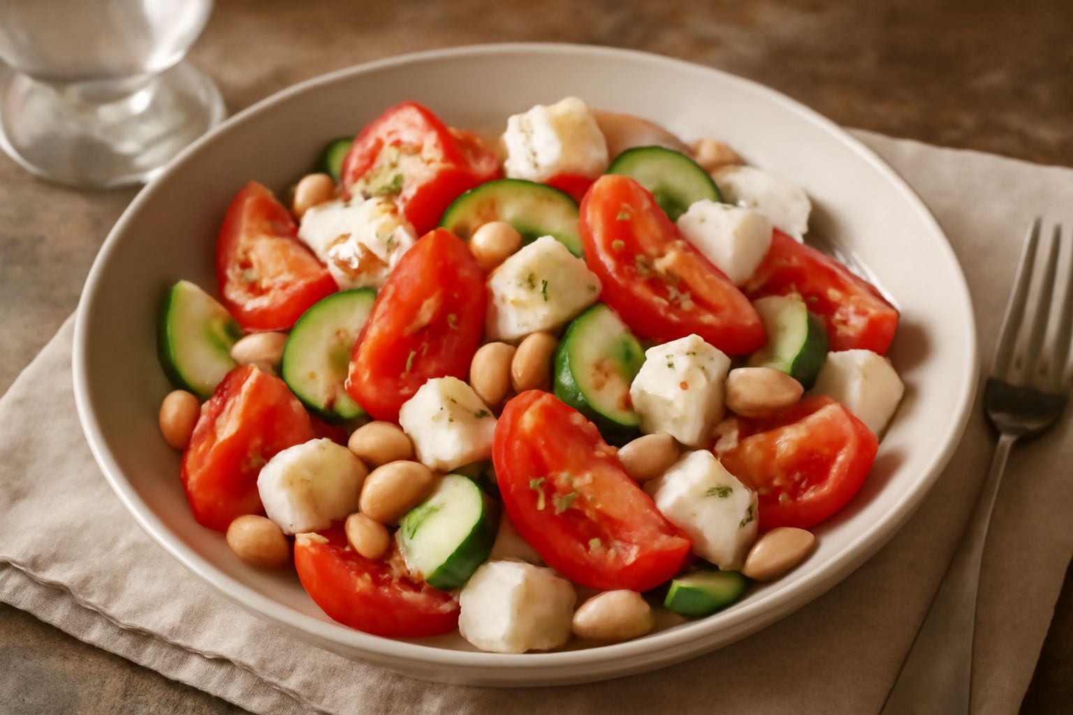 Insalata in ampia ciotola di ceramica bianca con pomodori rossi a fette, cetrioli verdi, fagioli beige, mozzarella bianca a dadini, cipolla rossa e olive nere, condita con olio dorato, su tavolo di le