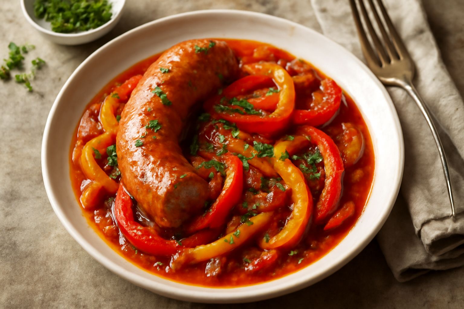Salsiccia spaccata trasversalmente e peperoni rossi gialli e arancioni tagliati a listarelle, in un sugo di pomodoro denso, in una padella di ferro scuro, guarnito con prezzemolo verde fresco.