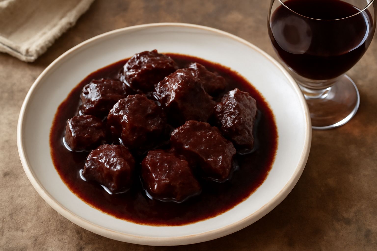 Bicchiere di vino rosso Salice Salentino con riflessi granato su tavolo di legno, accanto a ingredienti freschi come aglio, pomodoro e prezzemolo