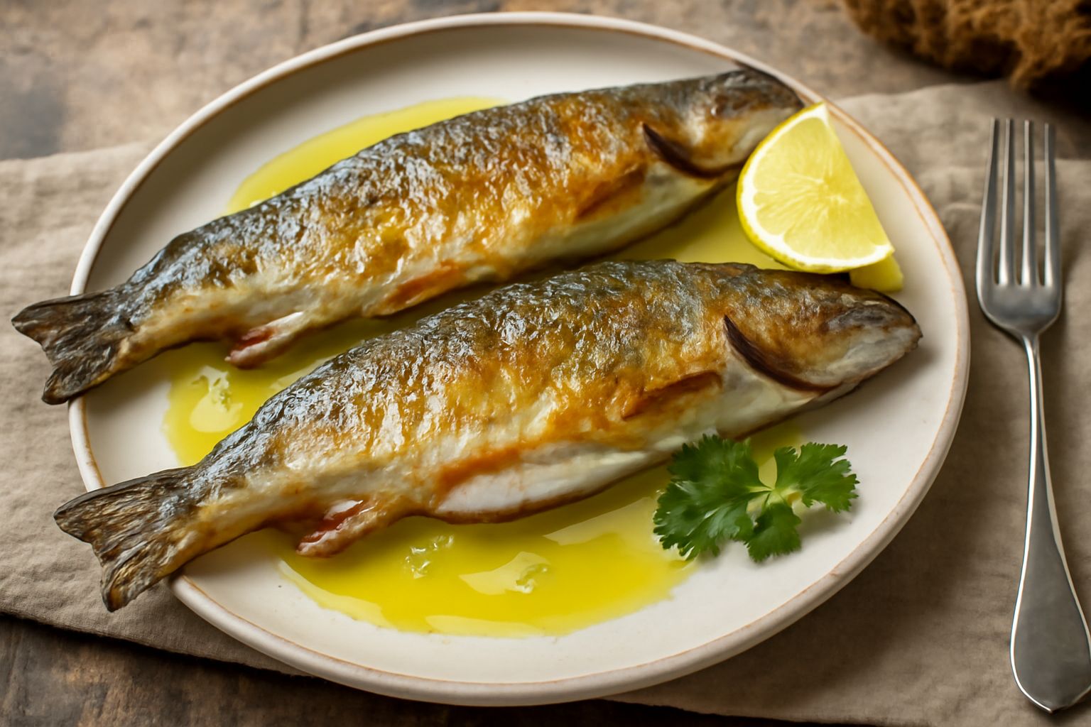 Due salmerini interi dorati in una tegame di ferro, con buccia croccante, contorno di prezzemolo fresco e spicchi di limone, olio lucido visibile