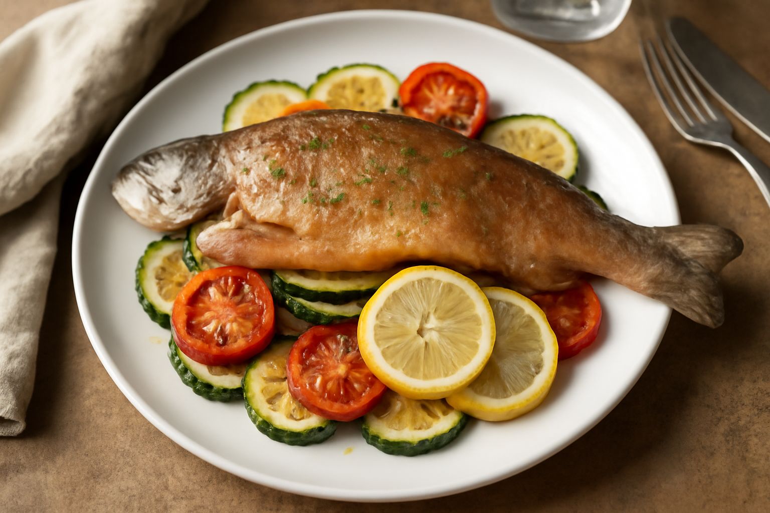 Salmerino intero rosato cotto al forno, guarnito con fette di limone e prezzemolo fresco, contornato da verdure grigliate leggermente dorate, servito in piatto bianco.