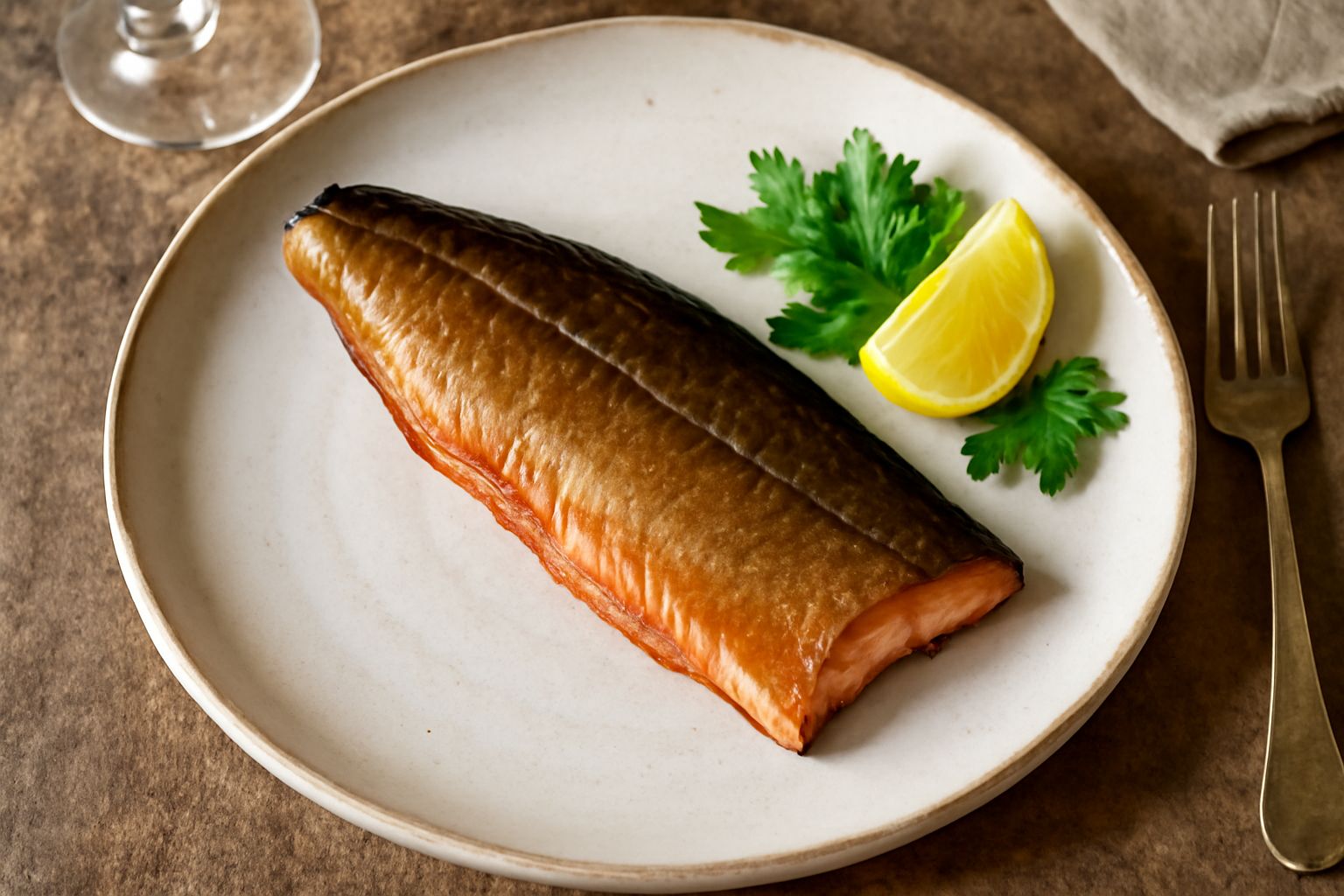 Filetto di salmerino affumicato color bronzo dorato su un tagliere di legno chiaro, guarnito con fettine di limone fresco e erba cipollina, con sfondo neutro grigio