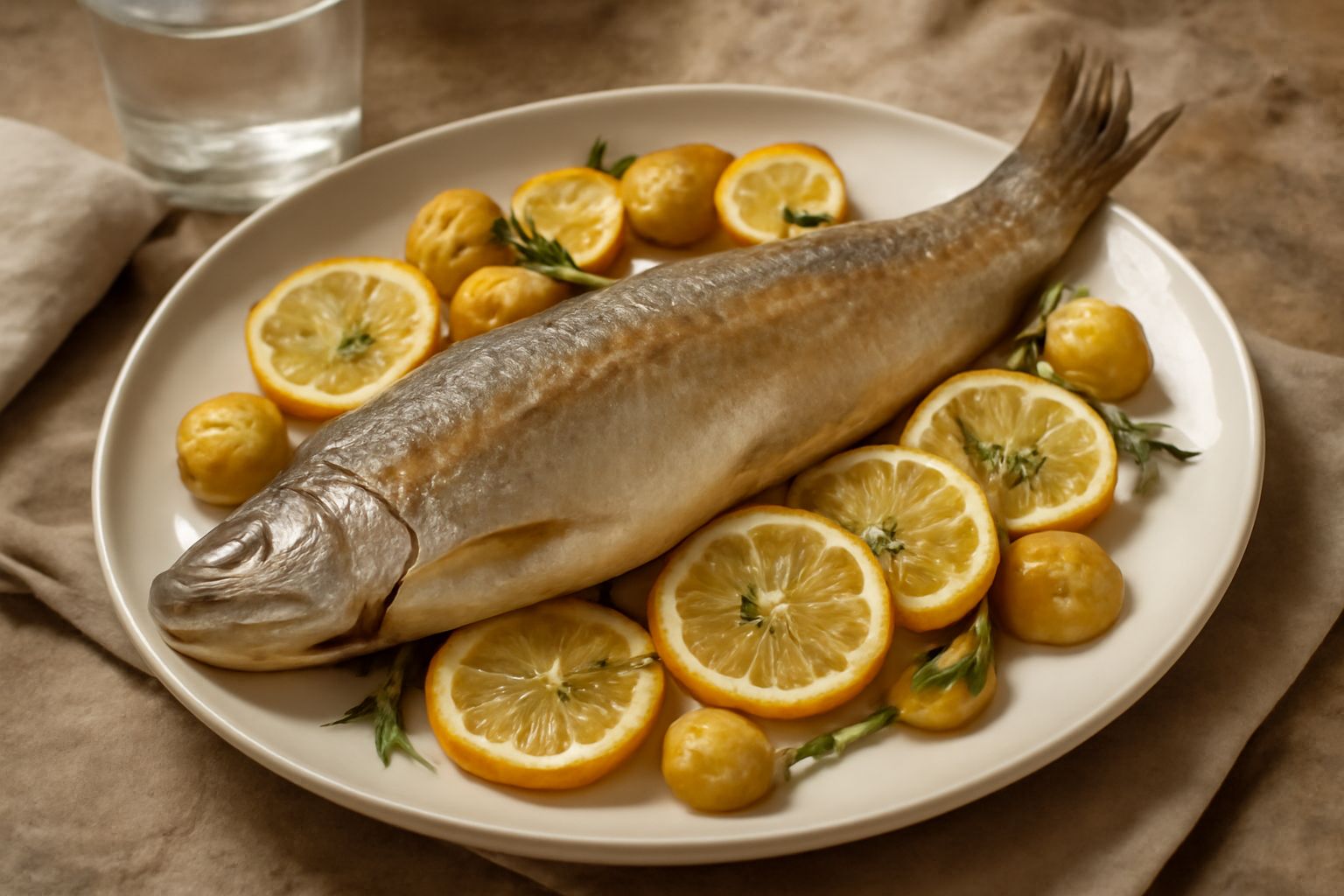 Salmerino intero al forno con pelle dorata, coronato di fettine di limone e rametti di prezzemolo fresco, servito in un piatto bianco con contorno di verdure leggere al forno
