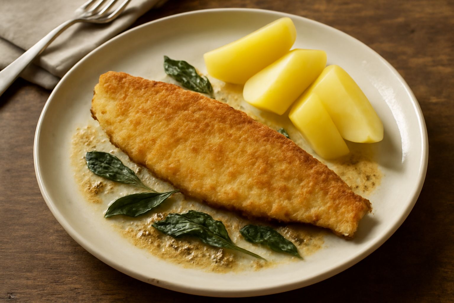 Filetto di salmerino dorato in padella, spolverato di pangrattato leggero, con foglie di salvia croccante, burro schiumoso e spicchi di limone fresco sul bordo del piatto bianco