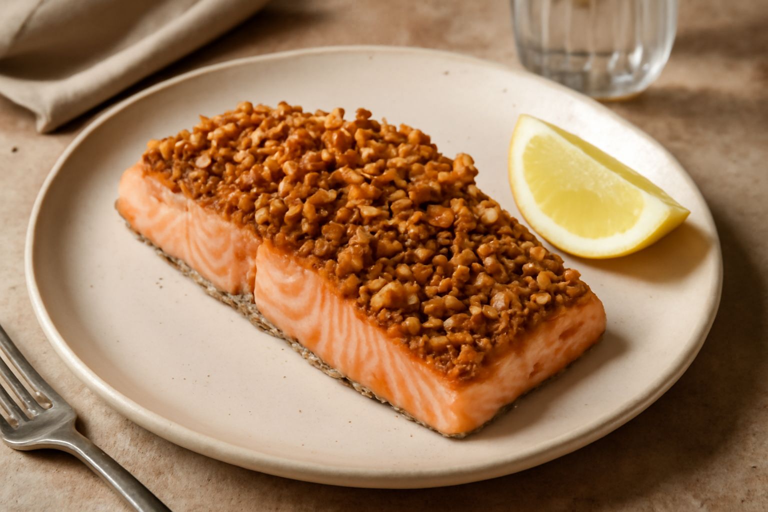 Filetto di salmerino dorato e croccante con crosticina di nocciole tostate, impiattato su fondo bianco con limone fresco e prezzemolo