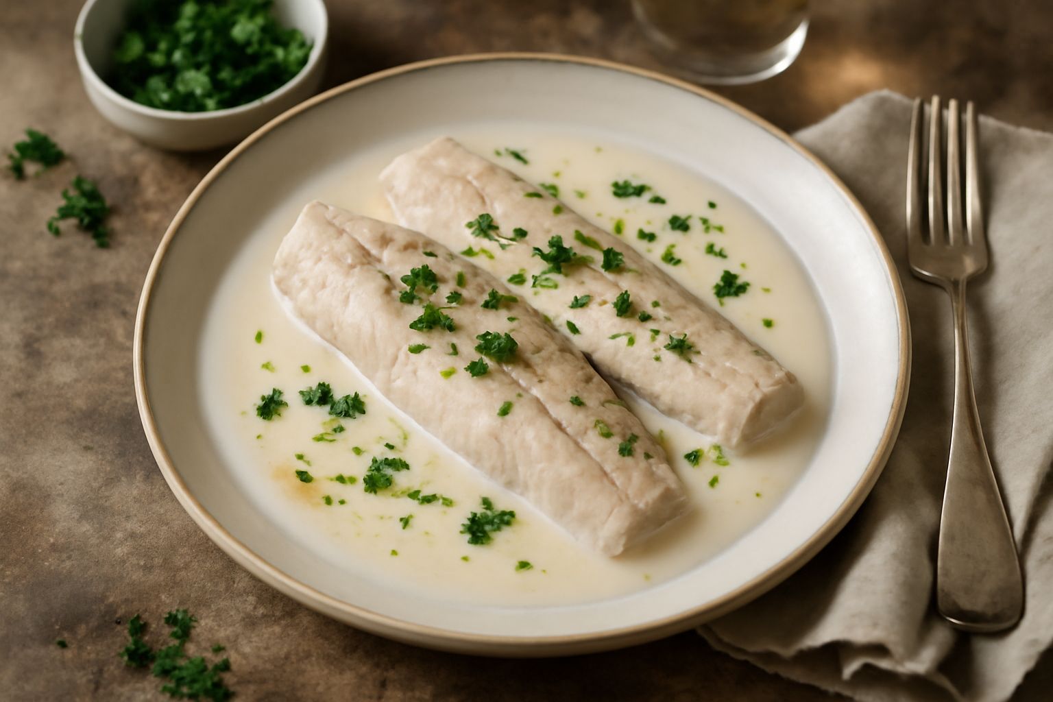 Filetti di salmerino dorati e teneri ricoperti di salsa cremosa color avorio, guarniti con prezzemolo fresco e limone affettato, serviti in un piatto bianco con contorno di verdure verdi