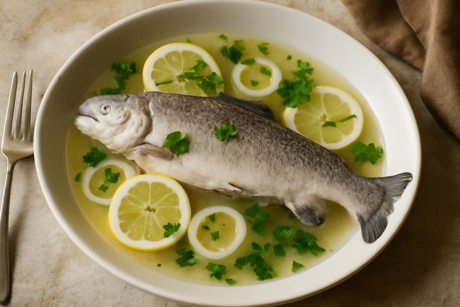 Un piatto bianco fondo con un salmerino intero bollito, carne bianca e compatta, circondato da brodo trasparente, qualche rondella di limone, prezzemolo fresco sopra, contorno di carote e sedano lessa