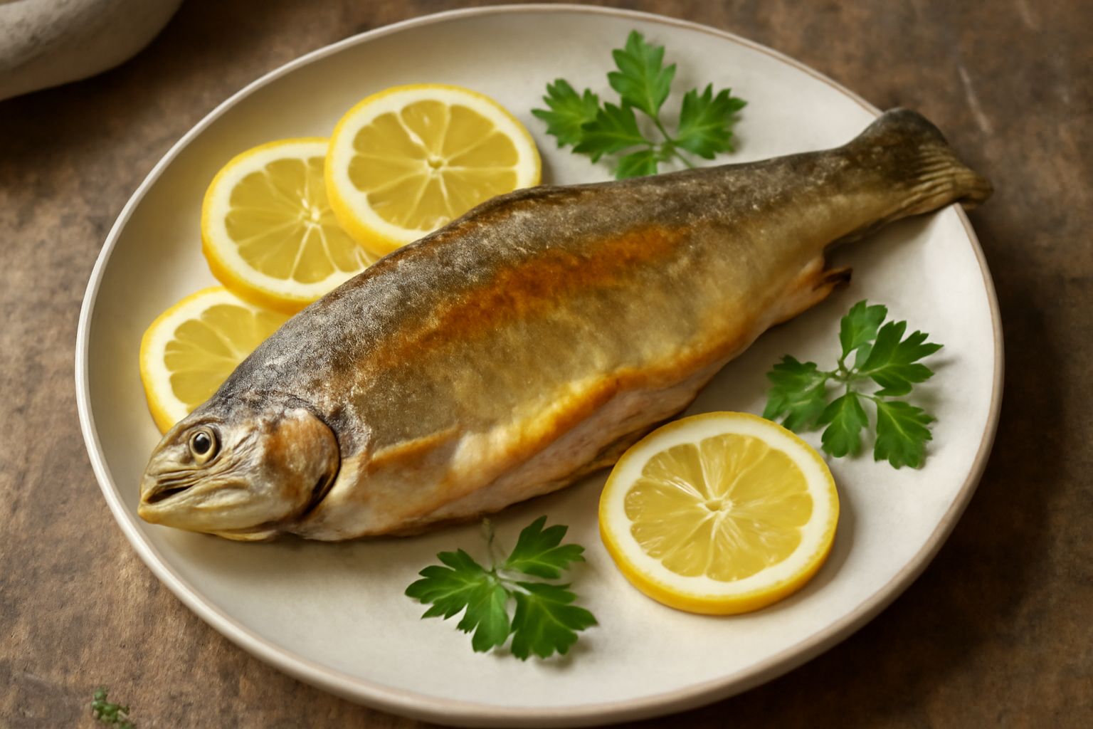 Salmerino intero dorato al forno su un piatto bianco, guarnito con fettine di limone giallo e prezzemolo fresco verde, contorno di verdure grigliate