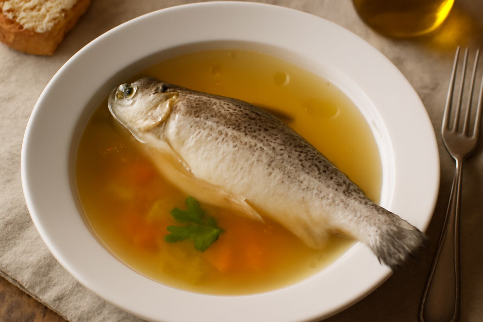 Un piatto bianco con salmerino intero cotto in brodo chiaro, circondata da fettine di carota, sedano e prezzemolo verde, con vapore leggero visibile